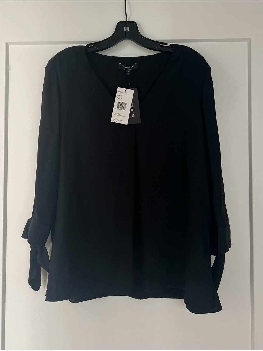Lafayette 148 New York Black V-Neck Silk Blouse with Tie Cuffs